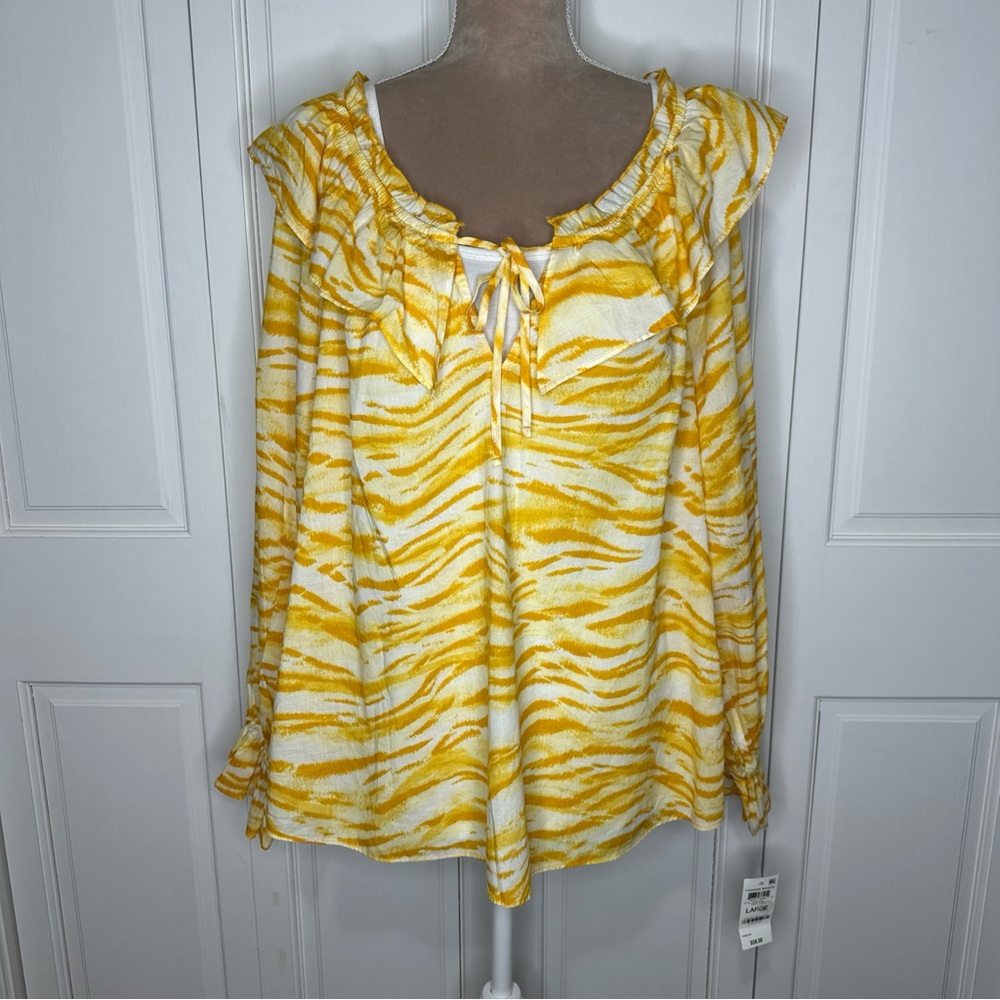 INC International Concepts Talia Tiger Size Large Ruffled Tie Front Blouse Top